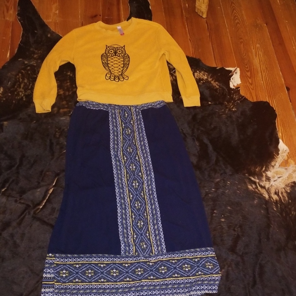 Owl sweater & blue Aztec gypsy skirt